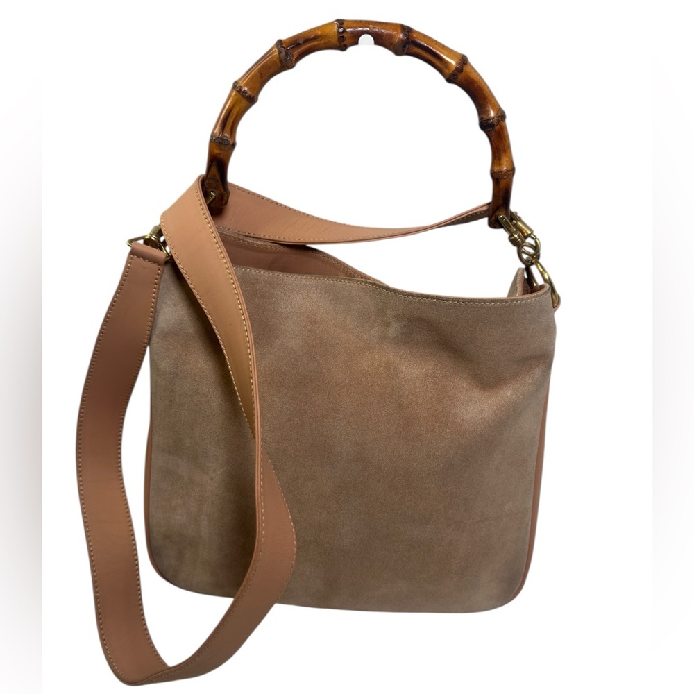 Gucci Suede Bamboo Top Handle Bag with Shoulder Strap- Vintage- Beige